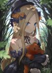  1girl abigail_williams_(fate/grand_order) artist_name bangs bare_shoulders black_bow black_choker black_dress black_headwear blonde_hair blue_eyes blue_sky blush bow choker clouds commentary_request day dress fate/grand_order fate_(series) forest hair_bow hat long_hair long_sleeves looking_at_viewer nature object_hug off-shoulder_dress off_shoulder orange_bow outdoors parted_bangs polka_dot polka_dot_bow ribbon_choker signature sky sleeves_past_wrists smile solo stuffed_animal stuffed_toy teddy_bear tyone very_long_hair 