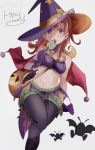  1girl alena_(dq4) alternate_legwear bats blush breasts cape cleavage commentary_request curly_hair dragon_quest dragon_quest_iv gloves halloween hat highres lollipop long_hair looking_at_viewer open_mouth orange_hair pantyhose simple_background solo tokuhonnti_ru 