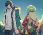 1boy 1girl backlighting backpack bag bangs black_hair black_legwear blue_sky blurry blurry_background blush c.c. cheese-kun closed_mouth clouds code_geass collared_shirt commentary_request covering_mouth cowboy_shot creayus day embarrassed green_hair hand_holding lelouch_lamperouge long_hair long_sleeves looking_at_another mountain outdoors shirt sky smile standing stuffed_toy tagme tree violet_eyes white_shirt yellow_eyes 
