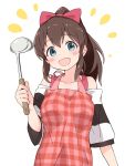  1girl :d apron bangs bare_shoulders blue_eyes blush bow brown_hair collarbone ddak5843 eyebrows_visible_through_hair hair_between_eyes hair_bow head_tilt high_ponytail holding idolmaster idolmaster_million_live! ladle long_hair looking_at_viewer off-shoulder_shirt off_shoulder open_mouth pink_apron plaid plaid_apron ponytail red_bow satake_minako shirt short_sleeves simple_background smile solo striped striped_shirt white_background 