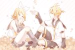  1boy 1girl arm_support belt blonde_hair blue_eyes blush brother_and_sister crying crying_with_eyes_open detached_sleeves expressionless fingernails full_body hair_ornament hair_ribbon hairclip happy headset highres kagamine_len kagamine_rin leg_warmers looking_away looking_down necktie outstretched_hand parted_lips profile ribbon ryou_(fallxalice) sailor_collar shirt short_hair short_sleeves shorts siblings simple_background sitting sleeveless sleeveless_shirt smile star striped striped_background tears thighs twins vocaloid white_background white_ribbon yellow_neckwear yellow_ribbon 