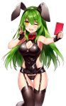  1girl animal_ears bare_arms bare_shoulders black_legwear blush bow bowtie breasts bunny_girl bunnysuit cellphone cleavage cleavage_cutout commentary_request dot_nose eyebrows_visible_through_hair fang fingerless_gloves gloves green_eyes green_hair hair_ornament highres komeo15 large_breasts long_hair looking_at_viewer one_eye_closed original phone rabbit_ears red_neckwear revealing_clothes simple_background smartphone solo sweatdrop thigh-highs v-shaped_eyebrows white_background 