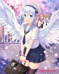  3girls angel_wings black_legwear black_neckwear black_skirt blue_eyes blush bracelet breasts briefcase brown_hair cherry_blossoms company_name cross day eyebrows_visible_through_hair falkyrie_no_monshou green_eyes hair_ornament hat holding_briefcase jewelry long_hair looking_at_another looking_at_viewer medium_breasts multiple_girls natsumekinoko necktie official_art open_mouth outdoors railing sailor_collar sailor_hat short_hair short_sleeves skirt smile thigh-highs tree uniform white_hair white_hat wings x_hair_ornament 