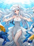 1girl artist_name breasts chains cleavage day dress fish highres long_hair looking_at_viewer original outstretched_arms red_eyes risem solo sunlight tropical_fish underwater very_long_hair white_dress 