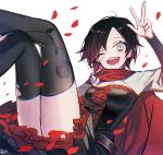  1girl :d ;d bangs black_dress black_hair black_legwear blush breasts cape cleavage dress ecru floral_print grey_eyes layered_dress looking_at_viewer medium_breasts one_eye_closed open_mouth parted_bangs petals pinafore_dress print_legwear red_cape rose_petals ruby_rose rwby short_dress short_hair shrug_(clothing) signature sleeveless sleeveless_dress smile solo strapless strapless_dress thigh-highs torn_clothes torn_legwear w white_sleeves 