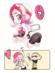  &gt;_&lt; 1boy 1girl ? agent_8 anger_vein arm_up ass bare_arms bare_shoulders bike_shorts blonde_hair brown_eyes closed_eyes closed_mouth domino_mask furrowed_eyebrows highres inkling long_sleeves mask medallion medium_hair miyashiro motion_lines octarian octoling octoshot_(splatoon) pink_hair slapping sleeveless splatoon splatoon_(series) splatoon_2 splatoon_2:_octo_expansion squidbeak_splatoon suction_cups tentacle_hair vest yellow_eyes yellow_vest 