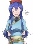  1girl absurdres arms_behind_back blue_hair closed_eyes cosplay fire_emblem fire_emblem:_fuuin_no_tsurugi fire_emblem:_rekka_no_ken fire_emblem_heroes hat highres intelligent_systems lilina long_hair lyndis_(fire_emblem) lyndis_(fire_emblem)_(cosplay) nintendo open_mouth red_hat short_sleeves simple_background solo the_kingduke upper_body white_background 