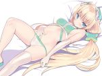  1girl angela_balzac bangs bare_shoulders bed_sheet bikini blade_(galaxist) blonde_hair blue_eyes blush breasts closed_mouth commentary_request elbow_gloves eyebrows_visible_through_hair gloves green_bikini_top hair_between_eyes hair_ornament hand_in_bikini headgear long_hair looking_at_viewer low_twintails lying medium_breasts mismatched_bikini navel on_back rakuen_tsuihou single_thighhigh skindentation solo star star_hair_ornament swimsuit thigh-highs twintails very_long_hair white_bikini_bottom white_gloves white_legwear 