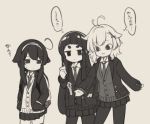  3girls :3 antenna_hair backpack bag bangs blazer brown_background cardigan closed_mouth collared_shirt eyebrows_visible_through_hair hair_flaps hair_ornament hairband hands_in_pockets jacket kuranami_shiki long_sleeves monochrome multiple_girls natsuki_teru necktie nekomiya_ryuu open_blazer open_clothes open_jacket original outstretched_arm pantyhose pleated_skirt school_uniform sepia shikibe_ayaka shirt short_eyebrows simple_background skirt sleeves_past_wrists sweat thick_eyebrows thigh-highs translation_request v-shaped_eyebrows 