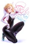 1girl absurdres ballet_slippers black_bodysuit blonde_hair blue_eyes bodysuit breasts covered_navel full_body gwen_stacy highres hood kneeling looking_at_viewer marvel medium_breasts shiny shiny_hair short_hair simple_background skin_tight solo spider-gwen spider-man:_into_the_spider-verse spider-man_(series) superhero ulrich_(tagaragakuin) white_background 