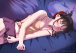  1girl bare_shoulders bed black_hair blush bow breast_squeeze breasts camisole cleavage closed_eyes folded_ponytail hair_bow hamaeru highres kaguya-sama_wa_kokurasetai_~tensai-tachi_no_renai_zunousen~ long_hair loungewear lying medium_breasts navel nose_blush on_bed on_side open_mouth pillow purple_shorts red_bow shinomiya_kaguya short_shorts shorts sleeping solo strap_slip twitter_username 