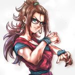  1girl android_21 black-framed_eyewear black_nails blue_eyes blue_shirt brown_hair closed_mouth collarbone commentary_request cosplay curly_hair dougi dragon_ball dragon_ball_fighterz earrings fighting_stance glasses hair_ornament hands_up hoop_earrings jewelry long_hair lowres nail_polish ponytail portrait scrunchie shirt simple_background smile solo son_gokuu st62svnexilf2p9 upper_body v-shaped_eyebrows very_long_hair wristband 