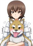  1girl =3 animal bangs blush casual closed_eyes commentary dog eyebrows_visible_through_hair frown girls_und_panzer highres holding holding_animal holding_dog long_sleeves looking_at_viewer motion_lines nishizumi_maho omachi_(slabco) shiba_inu shirt short_hair simple_background smug solo striped striped_shirt upper_body white_shirt 