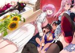  1boy 5girls :d :o black_hair black_legwear black_pants blue_eyes blush bow breasts brown_hair cleavage cleavage_cutout convenient_leg detached_sleeves dress dutch_angle fate/grand_order fate_(series) flower frills from_below fujimaru_ritsuka_(male) garter_straps hair_between_eyes hair_over_one_eye hews_hack high_heels highres indoors large_breasts lavender_hair long_hair looking_at_viewer mash_kyrielight miyamoto_musashi_(fate/grand_order) multiple_girls oda_nobunaga_(fate) okita_souji_(fate) okita_souji_(fate)_(all) open_mouth pants pink_eyes pink_hair red_footwear short_hair smile spiky_hair sunflower violet_eyes white_bow white_dress xuanzang_(fate/grand_order) younger 