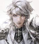  1boy androgynous armor artist_name bangs blue_eyes closed_mouth commentary dated english_commentary eyelashes highres jewelry lips long_hair looking_at_viewer male_focus original pauldrons portrait shoulder_armor signature silver_hair simple_background solo straight-on swept_bangs vlfdus_0 white_background 