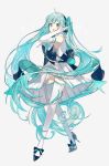  1girl :o absurdres armpits bare_shoulders beamed_eighth_notes black_ribbon blue_eyes blue_hair dress eighth_note elbow_gloves expressionless floating_hair full_body gloves grey_background hand_in_hair hatsune_miku high_heels highres long_hair miku_symphony_(vocaloid) musical_note omutatsu open_mouth quarter_note ribbon short_dress shoulder_tattoo simple_background skirt skirt_lift sleeveless sleeveless_dress solo standing tattoo thigh-highs thighs twintails very_long_hair vocaloid white_gloves 