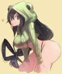  1girl artist_name asui_tsuyu boku_no_hero_academia breasts frog_hood green_hair hair_between_eyes heart highres long_hair looking_at_viewer simple_background smile solo tongue tongue_out under_boob 