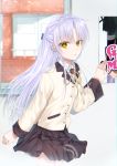  1girl angel_beats! bangs eyebrows_visible_through_hair feathers girls_dead_monster hair_ornament highres indoors key_(company) long_hair long_sleeves looking_at_viewer open_mouth poster_(object) ribbon school_uniform shirt silver_hair skirt solo standing tachibana_kanade user_ffcj2587 white_shirt window yellow_eyes 