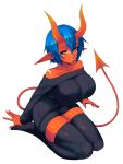  1girl absurdres arm_support bare_shoulders black_legwear black_sweater blue_hair borrowed_character breasts collarbone demon_girl demon_tail dress grin highres horns lap_pillow_invitation large_breasts light_smile off-shoulder_sweater off_shoulder orange_eyes original pointy_ears red_skin ribbed_sweater short_hair sitting smile solo sub-res sweater sweater_dress tail thigh-highs white_background zettai_ryouiki 