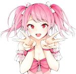  1girl :d bang_dream! bangs bare_arms bare_shoulders bow breasts cleavage commentary_request double_v eyebrows_visible_through_hair flat_(joppin_karu!) hair_bow hair_ornament happy highres looking_at_viewer magical_girl maruyama_aya open_mouth pink_bow pink_hair red_eyes simple_background smile solo twintails v white_background white_bow wristband 