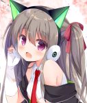  1girl :d animal_ears bangs black_jacket blurry blurry_background blush bow brown_hair cat_ear_headphones cat_ears collared_shirt commentary_request depth_of_field elbow_gloves eyebrows_visible_through_hair fang fingerless_gloves gloves hair_between_eyes hair_bow hand_on_headphones hand_up headphones jacket kujou_danbo looking_at_viewer necktie off_shoulder open_clothes open_jacket open_mouth original red_bow red_neckwear shirt sleeveless sleeveless_shirt smile solo two_side_up upper_body white_gloves white_shirt 