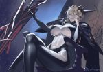  1girl artoria_pendragon_(all) artoria_pendragon_(lancer_alter) bangs blonde_hair braid breasts closed_mouth cuboon dark_persona fate/grand_order fate_(series) french_braid hair_between_eyes hand_on_own_cheek holding holding_sword holding_weapon huge_breasts legs_crossed pale_skin revealing_clothes rhongomyniad sidelocks sitting sword under_boob weapon work_in_progress yellow_eyes 