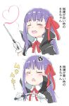  1girl :d anger_vein bangs bb_(fate)_(all) bb_(fate/extra_ccc) blush bow closed_eyes collared_shirt commentary_request eyebrows_visible_through_hair facing_viewer fate/extra fate/extra_ccc fate_(series) gloves gomennasai hair_bow heart holding long_hair neck_ribbon open_mouth pointer purple_hair red_bow red_ribbon ribbon round_teeth shirt simple_background smile teeth translation_request trembling upper_teeth white_background white_gloves white_shirt 