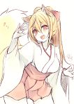  1girl :d animal_ear_fluff animal_ears bangs blonde_hair blush breasts chita_(ketchup) cleavage collarbone eyebrows_visible_through_hair fox_ears fox_girl fox_tail hair_between_eyes hand_up head_tilt high_ponytail japanese_clothes kimono leaning_forward long_hair medium_breasts open_mouth original pleated_skirt ponytail red_eyes red_skirt short_eyebrows signature skirt smile solo tail tail_raised thick_eyebrows very_long_hair white_kimono 