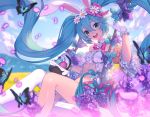  1girl animal_ears aqua_eyes aqua_hair basket bug butterfly clouds collar easter easter_egg egg floating_hair flower gloves hair_between_eyes hatsune_miku insect lavender_(flower) lim_jaejin long_hair looking_at_viewer midriff navel open_mouth outdoors petals rabbit_ears single_thighhigh sky solo swing swinging thigh-highs twintails very_long_hair vocaloid white_gloves white_legwear 