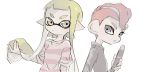  1boy 1girl cellphone closed_mouth domino_mask green_hair grey_eyes grey_shirt hand_up highres holding holding_phone inkling long_hair long_sleeves mask miyashiro mohawk octarian octoling orange_eyes phone pointy_ears redhead shirt short_hair short_sleeves simple_background smartphone smartphone_case splatoon splatoon_(series) splatoon_2 striped striped_shirt tentacle_hair upper_body v-shaped_eyebrows white_background 