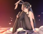  animal_ears black_hair black_legwear black_leotard bow bowtie bunny_girl collar hair_ornament hairclip high_heels legs leotard long_hair pantyhose rabbit_ears sakurajima_mai seishun_buta_yarou shoes_removed sitting smile violet_eyes wrist_cuffs yumemi_(kiowa) 