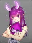 1girl bangs bare_shoulders black_hairband blunt_bangs blush bright_pupils closed_mouth clothes_writing colored_eyelashes commentary eyebrows_visible_through_hair facial_mark fake_horns glowing grey_background hairband holding inkling long_hair looking_at_viewer pointy_ears purple_hair simple_background smile solo sparkle splatoon splatoon_(series) splatoon_2 straight_hair strap_slip stuffed_toy tank_top ten_cws upper_body violet_eyes 