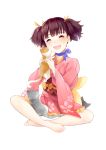  1girl :d amicis_(amisic) barefoot blue_ribbon brown_hair cat cherry_blossom_print choker closed_eyes floral_print hair_ribbon highres holding holding_cat indian_style japanese_clothes kimono koutetsujou_no_kabaneri long_sleeves mumei_(kabaneri) open_mouth pink_kimono print_kimono ribbon ribbon_choker short_hair short_kimono short_twintails simple_background sitting smile solo twintails white_background wide_sleeves yellow_ribbon 