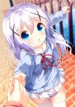  1girl bangs blue_eyes blue_hair blue_sweater blurry blurry_background blurry_foreground blush chinomaron commentary_request day depth_of_field eyebrows_visible_through_hair gochuumon_wa_usagi_desu_ka? hair_between_eyes hair_ornament hand_holding highres kafuu_chino long_hair long_sleeves looking_at_viewer neck_ribbon open_mouth out_of_frame outdoors outstretched_arms petals pleated_skirt railing red_ribbon ribbon sailor_collar school_uniform serafuku skirt solo_focus sweater thigh-highs very_long_hair water white_legwear white_sailor_collar white_skirt x_hair_ornament 