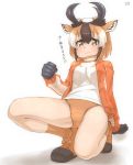  1girl animal_ear_fluff animal_ears arm_behind_back arm_support bangs bare_legs brown_eyes brown_hair buruma clenched_hand commentary_request extra_ears eyebrows_visible_through_hair full_body gloves hair_between_eyes hand_up highres horizontal_pupils horns jacket kemono_friends leaning_back light_brown_hair long_sleeves looking_at_viewer medium_hair multicolored_hair open_clothes open_jacket pronghorn_(kemono_friends) shirt shoes sidelocks simple_background smile socks solo squatting thin_(suzuneya) track_jacket translated turtleneck white_background white_hair 