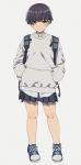  1girl androgynous backpack bag black_eyes black_skirt blue_footwear full_body grey_background grey_shirt hands_in_pockets long_sleeves looking_at_viewer mattaku_mousuke miniskirt original pleated_skirt shirt shoes short_hair simple_background skirt smile sneakers solo standing 
