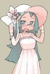  1girl abarai575 aqua_eyes aqua_hair breasts brown_background character_request dress flower glasses gloves hat hat_flower looking_at_viewer medium_breasts open_mouth sharp_teeth simple_background sleeveless sleeveless_dress solo teeth ueno-san_wa_bukiyou upper_body white_dress white_flower white_gloves white_headwear 