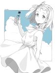  1girl alternate_costume arm_behind_back artist_name blue_sky blush bottle clouds commentary_request cowboy_shot dress hairband highres kantai_collection looking_at_viewer luigi_torelli_(kantai_collection) marble monochrome ramune short_hair sky smile solo spot_color standing ueno_(sakumogu-029) 