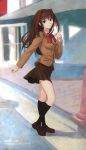  1girl aozaki_aoko bangs black_legwear blue_eyes blurry blurry_background bow breasts brown_footwear brown_hair ilya_kuvshinov kneehighs long_hair looking_at_viewer mahoutsukai_no_yoru original pleated_skirt red_bow red_neckwear skirt socks solo 