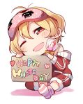 ;d antenna_hair blonde_hair blush bow candy commentary_request food holding holding_sign jacket lollipop long_sleeves looking_at_viewer off_shoulder one_eye_closed open_mouth orange_bow pants pink_legwear red_eyes red_jacket red_pants red_track_suit short_hair sign simple_background sitting sleep_mask smile socks solo spaghetti_strap striped striped_legwear taneda_yuuta tokyo_7th_sisters track_jacket track_pants track_suit wakaouji_rui white_background white_day