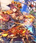  asano_shiki blush breasts brown_hair closed_mouth clouds copyright_name flower gun hair_flower hair_ornament hat holding holding_weapon japanese_clothes long_hair long_sleeves looking_at_viewer official_art original pink_eyes pirate pirate_hat rope sengoku_saga sky weapon 