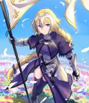  1girl armor armored_dress blonde_hair braid capelet fate/apocrypha fate/grand_order fate_(series) faulds flag gauntlets headpiece jeanne_d&#039;arc_(fate) jeanne_d&#039;arc_(fate)_(all) long_braid long_hair menma222 plackart single_braid smile solo standard_bearer thigh-highs very_long_hair violet_eyes 