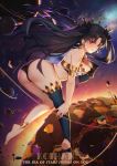  1girl absurdres ass bangs bare_arms bare_shoulders barefoot black_hair black_legwear black_panties breasts cleavage commentary_request earrings fate/grand_order fate_(series) fingernails full_body gloves hair_ornament hand_on_own_chest highres hoop_earrings ishtar_(fate/grand_order) jewelry koi_han lips long_hair looking_at_viewer looking_back medium_breasts panties parted_lips red_eyes shiny shiny_hair simple_background single_glove single_thighhigh smile solo thigh-highs thighs toes tohsaka_rin twintails underwear 