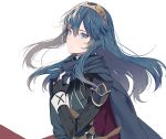  1girl armor artist_request blue_eyes blue_hair cape fingerless_gloves fire_emblem fire_emblem:_kakusei gloves highres long_hair looking_at_viewer lucina nintendo simple_background solo tiara white_background 