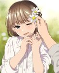  1girl aqua_eyes bangs blouse brown_hair daisy day floral_print flower hair_flower hair_ornament hair_tucking hands_up looking_at_viewer mattaku_mousuke one_eye_closed open_mouth original outdoors pov pov_hands sleeves_folded_up solo_focus white_blouse 