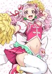  1girl :d angelo_(gomahangetsu) armpits blush confetti cowboy_shot crop_top cure_yell detached_sleeves earrings flower hair_flower hair_ornament hair_ribbon highres hugtto!_precure jewelry leg_up lipstick long_hair looking_at_viewer magical_girl makeup midriff navel nono_hana open_mouth pink_eyes pink_hair pink_skirt pom_poms precure ribbon shoes simple_background skirt smile solo thigh-highs upper_teeth white_background 