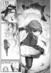  &gt;_&lt; blush bow bowtie comic greyscale highres kishida_shiki monochrome original personification school_uniform short_hair translation_request wood_gradient_hair 