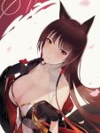  1girl akagi_(azur_lane) alexiel_(pixiv6211566) animal_ears azur_lane bangs blush breasts brown_hair cleavage dated eyebrows_visible_through_hair fox_ears fox_girl fox_tail gloves highres holding japanese_clothes large_breasts long_hair looking_at_viewer multiple_tails parted_lips red_eyes signature smile tail upper_body wide_sleeves 