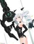  1girl artist_name ass black_sister breasts drill_hair elbow_gloves flat_ass from_side gloves green_eyes grey_hair hand_on_hip highres holding holding_weapon long_hair looking_at_viewer neptune_(series) sendrawz small_breasts smile solo symbol-shaped_pupils thigh-highs trigger_discipline twin_drills weapon 