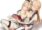  2girls american_flag_legwear bare_shoulders blonde_hair blue_eyes braid breast_grab breasts closed_eyes collarbone commentary_request corset dress elbow_gloves fingerless_gloves flag_print flower french_braid front-tie_top garter_straps gloves grabbing grabbing_from_behind hair_between_eyes hairband highres iowa_(kantai_collection) kantai_collection long_hair long_sleeves medium_breasts miniskirt mismatched_legwear multiple_girls off-shoulder_dress off_shoulder pallad red_flower red_rose rose sitting skirt striped striped_legwear thigh-highs vertical-striped_legwear vertical_stripes warspite_(kantai_collection) white_dress white_legwear yuri 